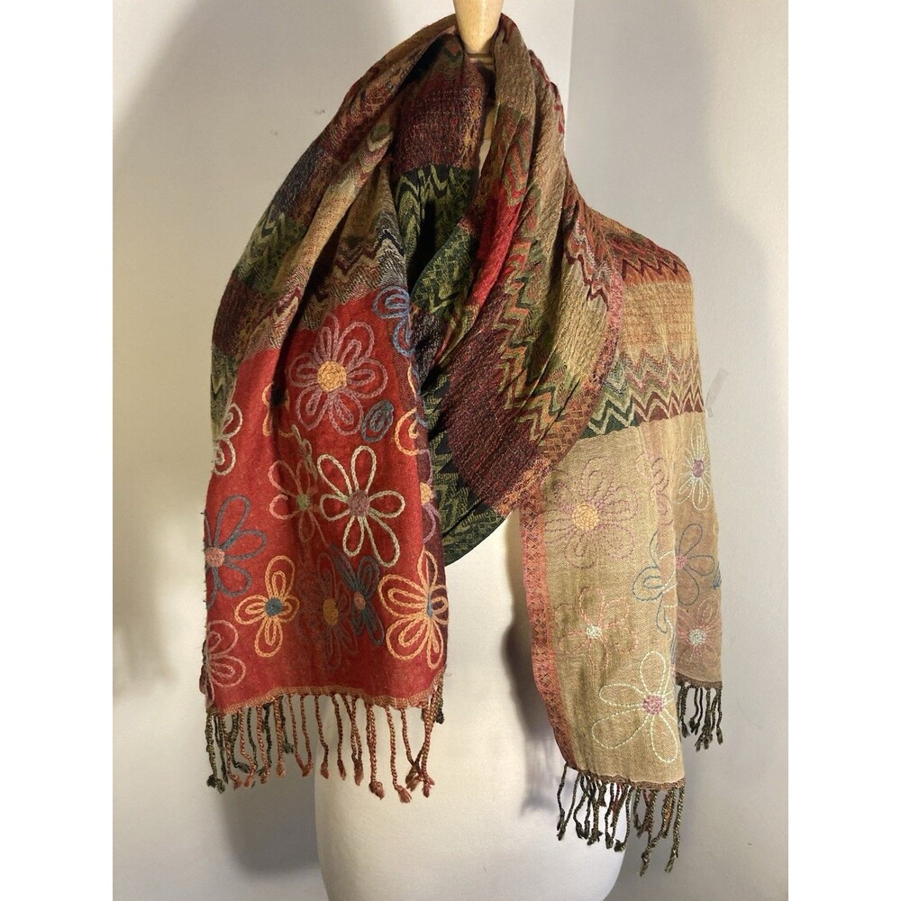 Roberta Freymann Long 100% Wool Scarf Floral Multi-color Boho Hippy Artsy